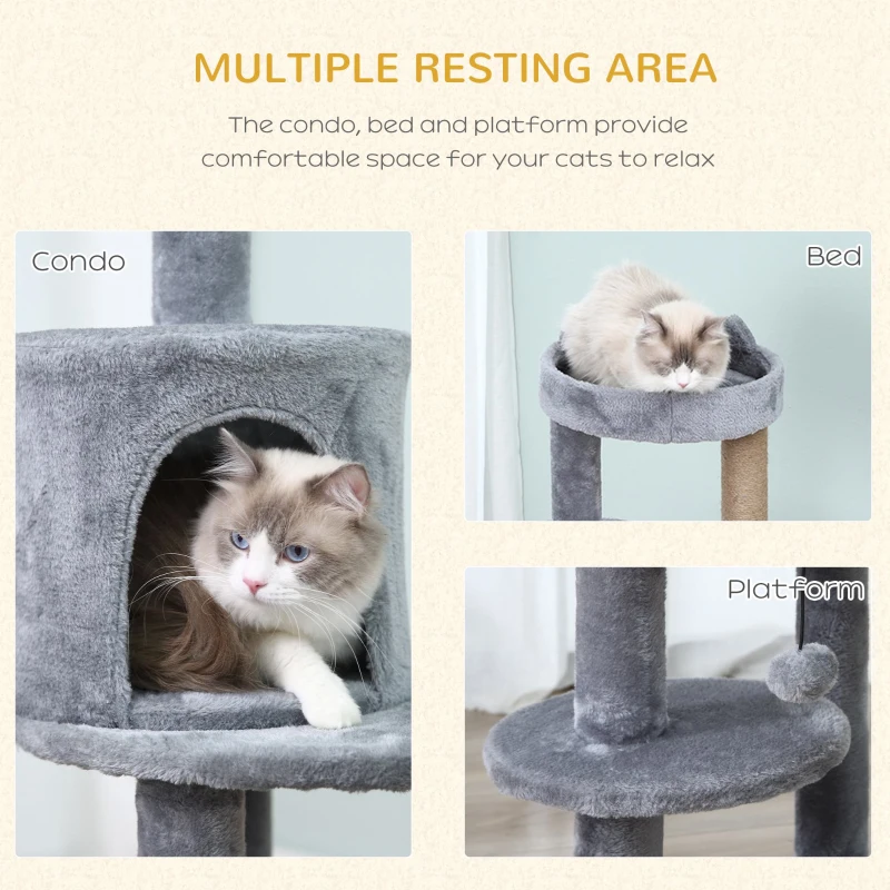 PawHut 41" Cat Tree Tower with Condo, Scratching Posts and Hanging Ball, Grey