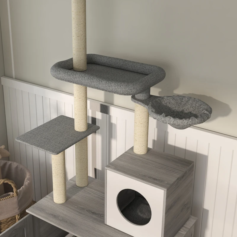 PawHut 2 in 1 Floor to Ceiling Cat Tree with Litter Box Enclosure, Condo, Bed, Hammock, Scratching Posts, and Platforms, Gray