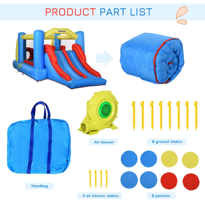Outsunny Kids Inflatable Bounce House 4-in-1 Jumping Castle with Double Slides, Obstacle Course, Climbing Walls, & Trampoline, 750W Air Blower Included