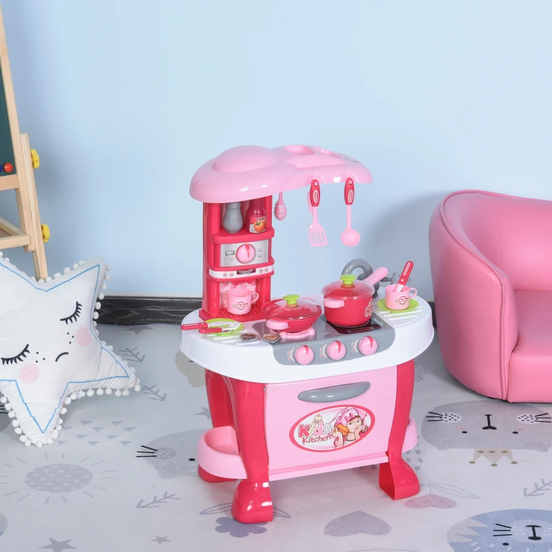 Qaba Kids Kitchen Play Set Pretend Toy Children Role Play Game Toy with Light & Sound Function  38Pcs Toy Accessories - Pink