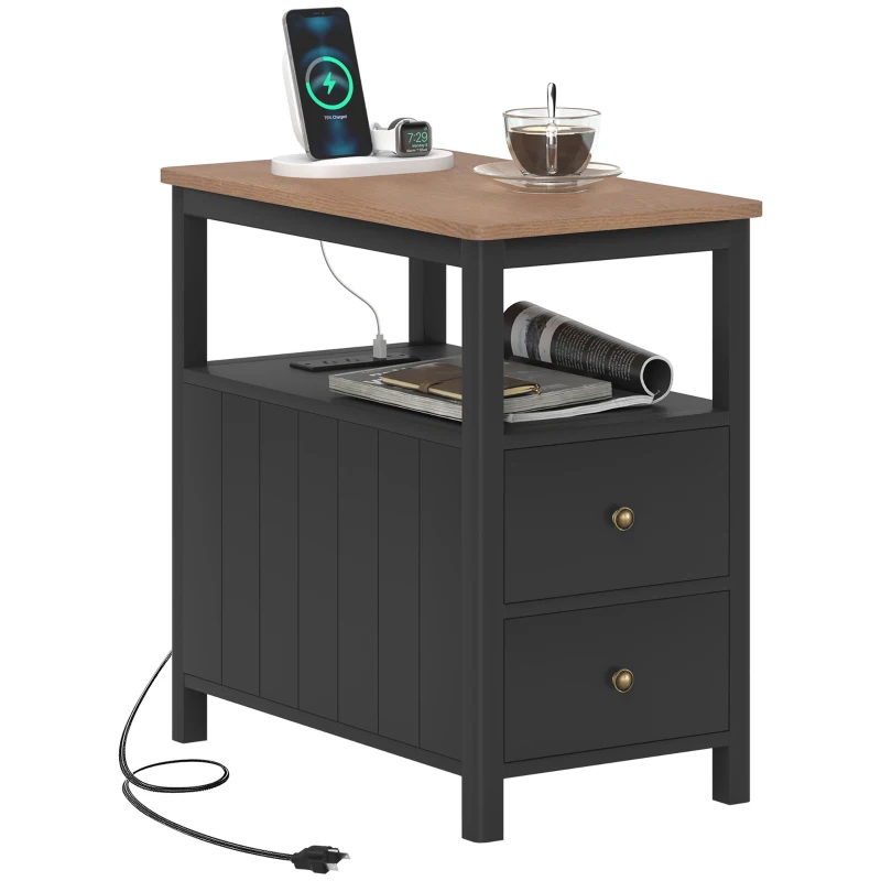 HOMCOM Side Table with Charging Station and USB Ports, Narrow End Table with Drawers, Shelf for Living Room, Black