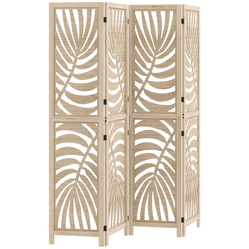 HOMCOM 4 Panel Room Divider, Detachable Folding Privacy Screens with Palm Leaf Design for Home Office, Natural Wood Finish