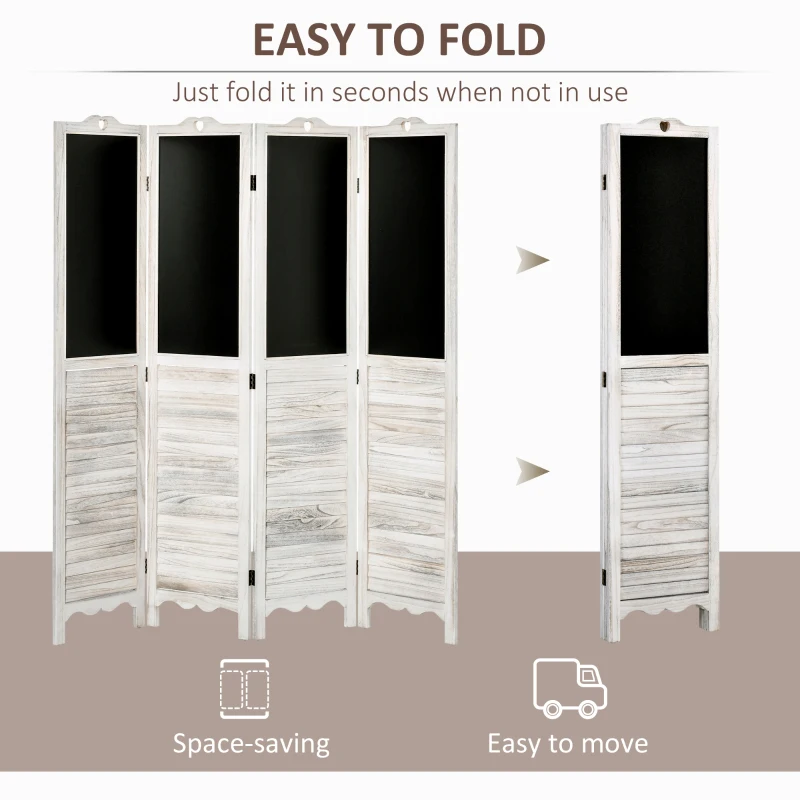 HOMCOM 4-Panel Folding Room Divider with Blackboard, 5.5 Ft Tall Freestanding Privacy Screen Panels for Bedroom or Office, White