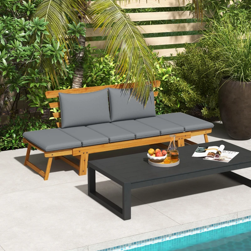 Outsunny Wooden Garden Bench for Outdoor, Front Porch Bench, Patio Loveseat with Cushions, Adjustable Armrests, Gray