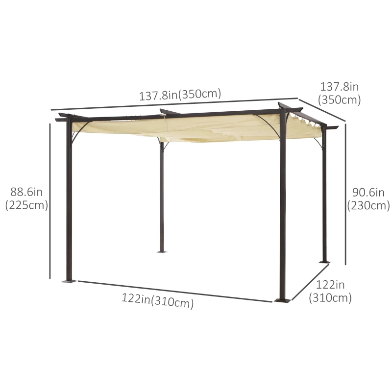Outsunny 11.5’ Backyard Shelter Retractable Sun Shade Covered Pergola with Steel Frame, Beige