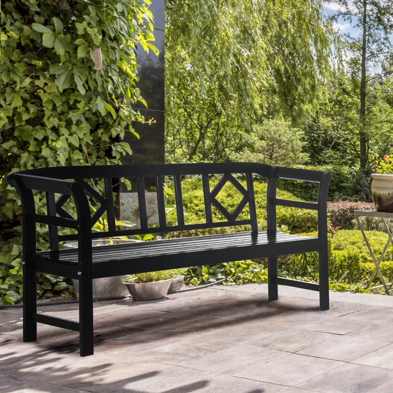 Outsunny Wooden Patio Bench, Outdoor Garden Bench with Backrest and Armrests, 3 Person Porch Bench with Rustic Country Diamond Pattern, Black