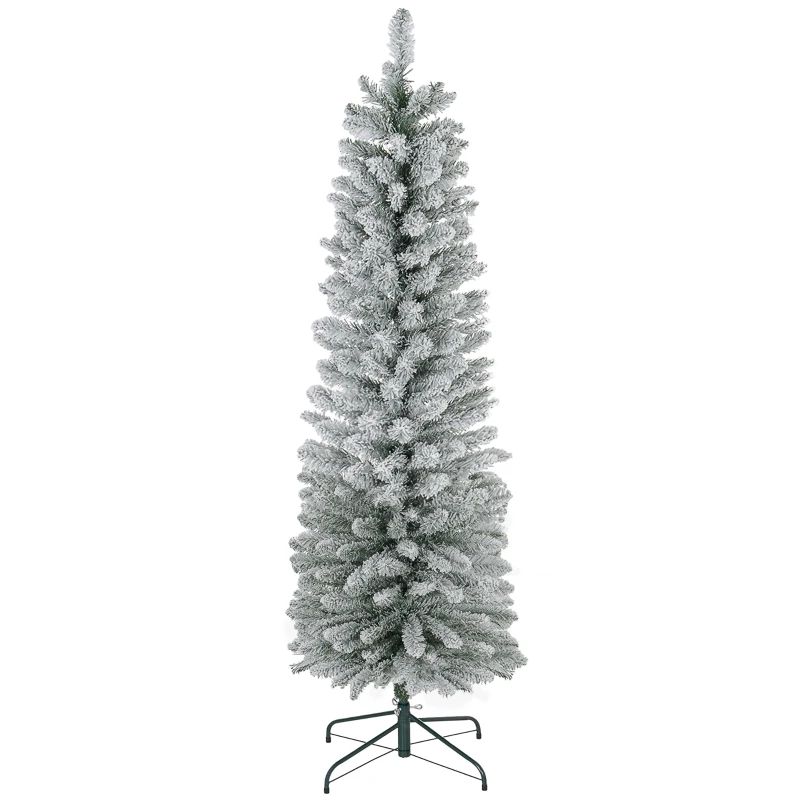 HOMCOM 6ft Artificial Christmas Tree, Snow Flocked Branches, Metal Base, Pencil Xmas Tree