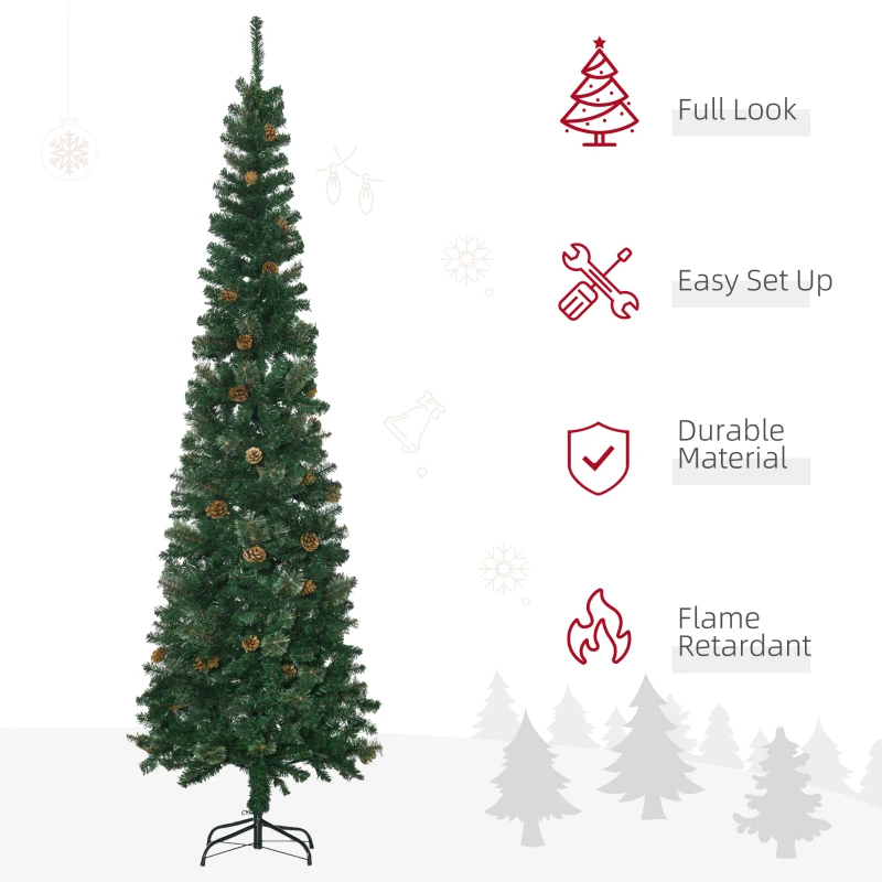 HOMCOM 7.5ft Pencil Christmas Tree, Artificial Christmas with Pine Needles, Realistic Branches, Pine Cones, Metal Base, Green