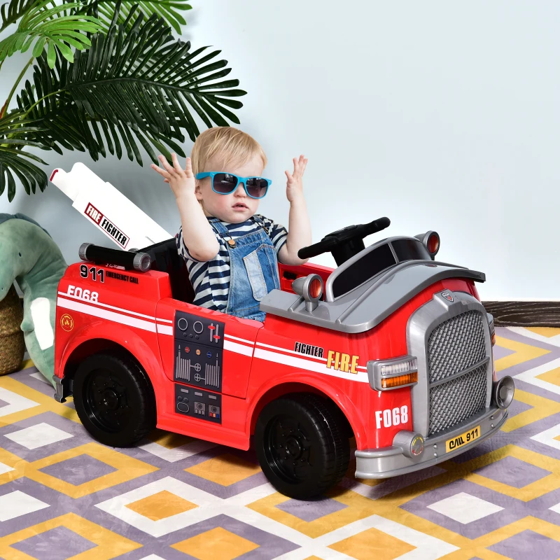 Aosom Kids Ride-On Car Fire Truck, 6V 7AH Battery Powered Fire Car with Parental Remote Control, Safety Belt, Lighting, Working Steering Wheels, Horn and Lift Ladder (Red)