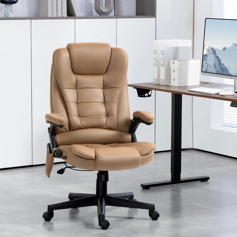 Vinsetto 6 Point Vibrating Massage Office Chair with Heat, Microfiber Massage Desk Chair with Reclining Backrest, Light Brown