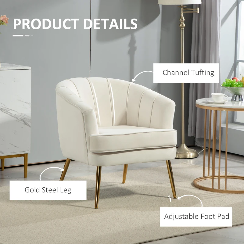 HOMCOM Fabric Armchair, Modern Accent Chair with Gold Metal Legs for Living Room, Bedroom, Home Office, Cream White