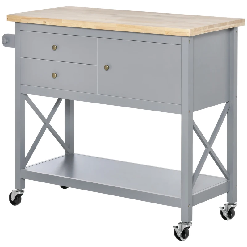 HOMCOM Utility Kitchen Cart Rolling Kitchen Island Storage Trolley with Rubberwood Top, 2 Drawers, Towel Rack, Gray