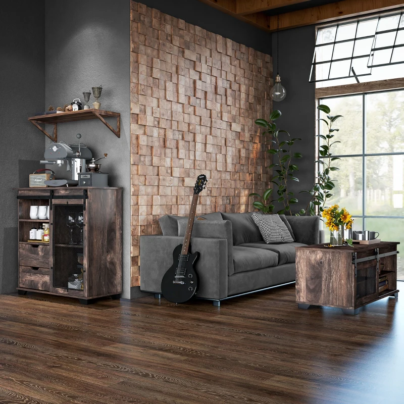 HOMCOM Farmhouse Coffee Table with Sliding Mesh Barn Door, Industrial Center Table with Adjustable Shelf for Living Room, Dark Brown