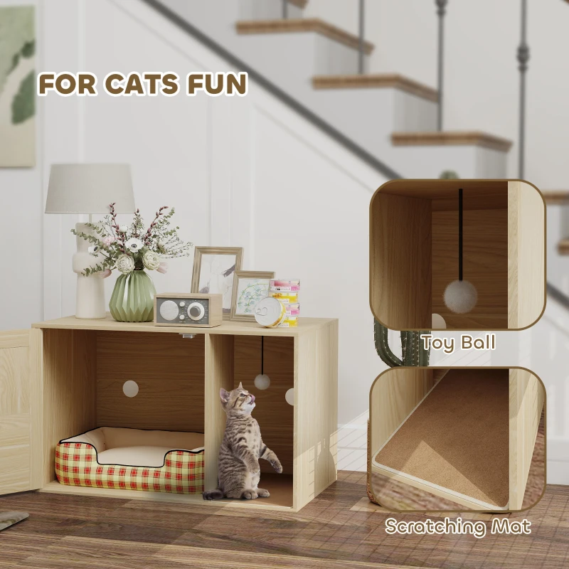PawHut Boho Style Cat Litter Box Enclosure with Rattan Door, Scratching Mat, Non-slip Foot Pads, 31.5" x 20" x 20"
