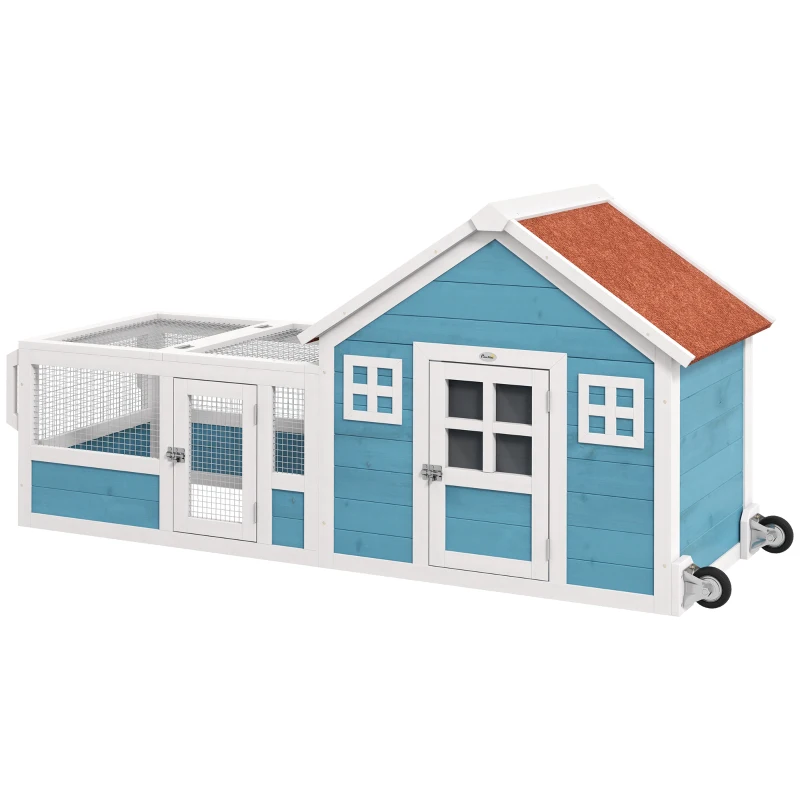 PawHut Rabbit Hutch Outdoor with Asphalt Roof, Handle, Wheels, 64" x 23.3" x 30.6", for Small Animals, Blue