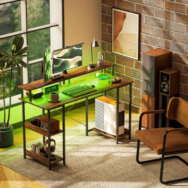 HOMCOM Computer Desk with Storage, 55" Reversible Computer Table with Power Outlets and LED Lights, Rustic Brown