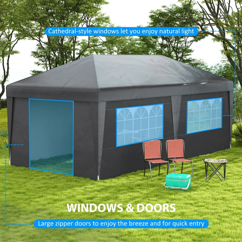 Outsunny 10' x 19.5' Pop Up Canopy Tent Height Adjustable Event Shelter w/ Sidewalls, Leg Weight Bags, Wheeled Carry Bag, Gray
