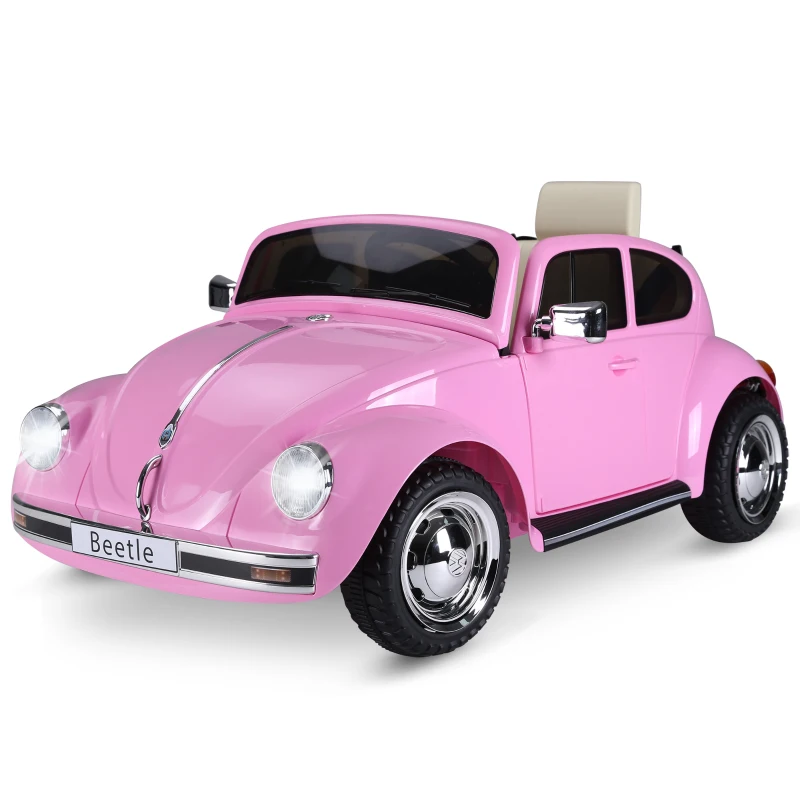 Aosom 6V Licensed Volkswagen Beetle Kids Electric Ride-On Car Battery Powered Motorized Vehicles W/ Remote Control,Horn Lights, MP3,Suspension,for 3-6 Years Old,Pink