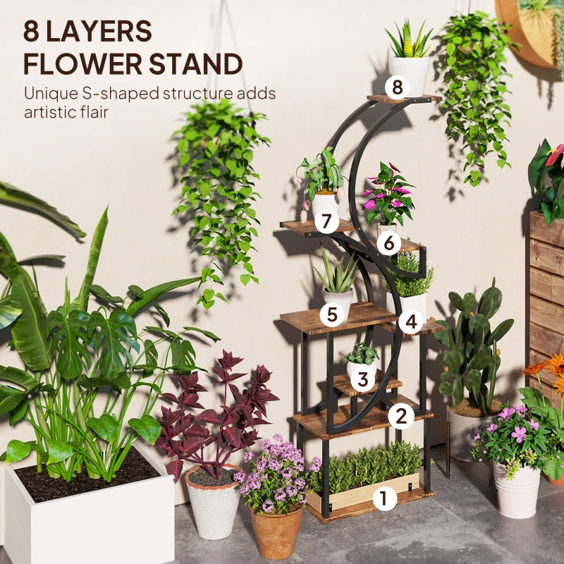 Outsunny Plant Stand Indoor, 8 Tier 62" S-Shaped Plant Shelf, Corner Plant Rack for Multiple Plants, Carbonised Finish