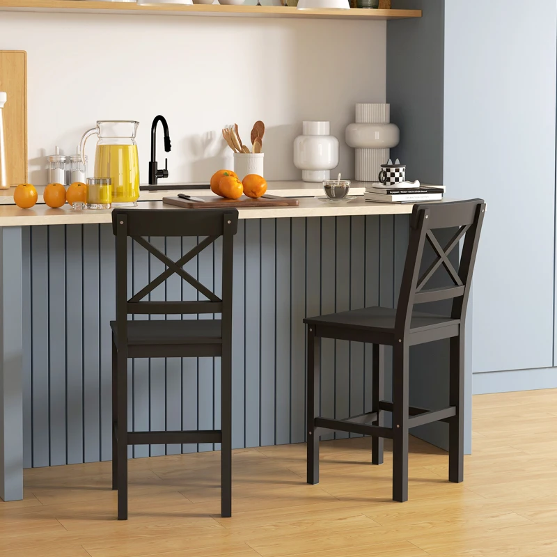 HOMCOM Counter Height Stools Set of 2, Farmhouse Bar Stools with Backs, Solid Wood Counter Stools for Kitchen Island