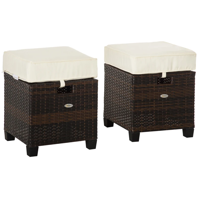 Outsunny 2 PCS Patio Wicker Ottoman Set, Two Square Outdoor PE Rattan Footrest with Removable Cushion, Freely Combined Furniture w/ Handle for Backyard, Garden, Poolside, Beige