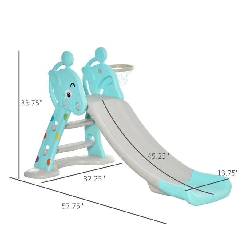 Qaba 2 in 1 Kids Slide with Basketball Hoop, Foldable Toddler Freestanding Slider Playset, for 18 months -4 Years Deer Shaped, Includes Basketball, Pump - Blue