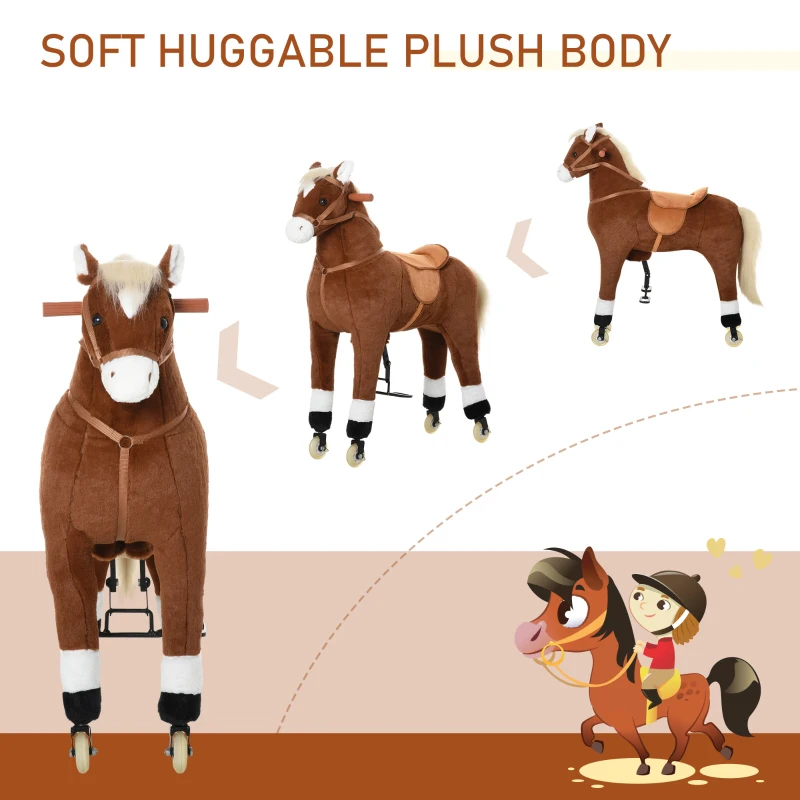 Qaba Kids Rocking Horse Walking Horse with Wheels, Large Size Moving Hobby Horse Ride on Toy Gift for Children 5-16 Years