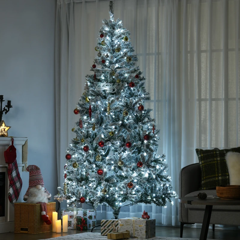 HOMCOM 7.5' Prelit Artificial Flocked Christmas Trees, with Snow Frosted Branches, Cold White LED Lights, Auto Open