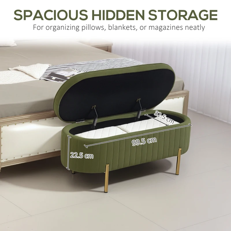 HOMCOM Upholstered Bedroom Bench, Channel Tufted Ottoman Bench with Thick Padding and Metal Legs, Dark Green