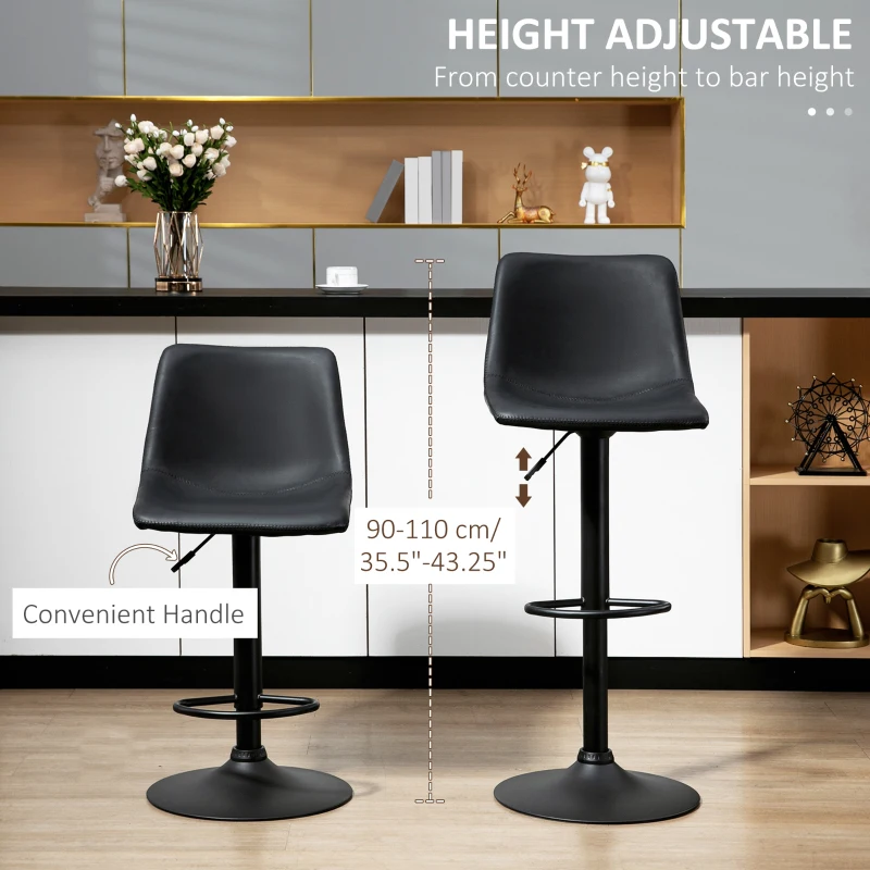 HOMCOM Adjustable Counter Height Bar Stools Set of 2, 360° Swivel Kitchen Counter Stools Dining Chairs with Backs, Vintage Leather, Retro Grey