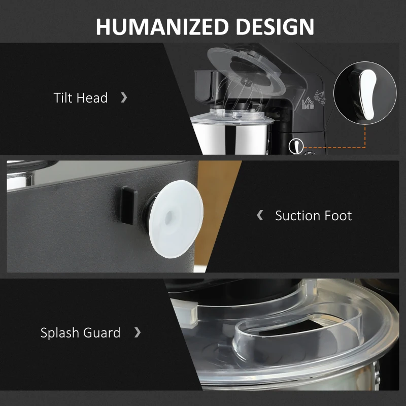 HOMCOM 6 Qt Stand Mixer with 6+1P Speed, 600W and Tilt Head, Kitchen Electric Mixer with Stainless Steel Beater, Dough Hook and Whisk for Baking Bread, Cakes and Cookies, Black