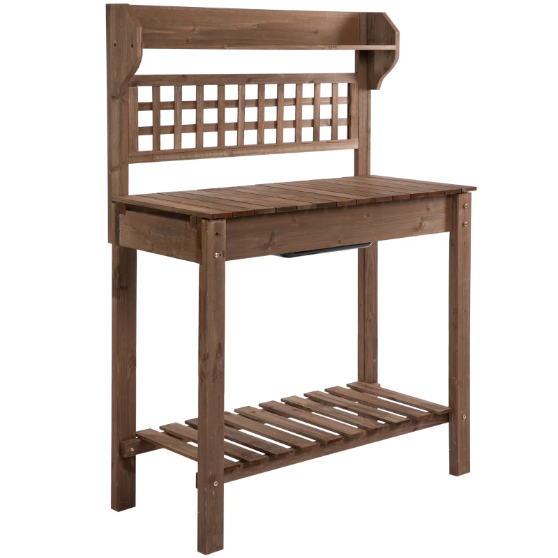Outsunny 39'' x 18'' x 55'' Wooden Garden Potting Table with Clapboard Plant Work Bench Workstation Outdoor, Brown