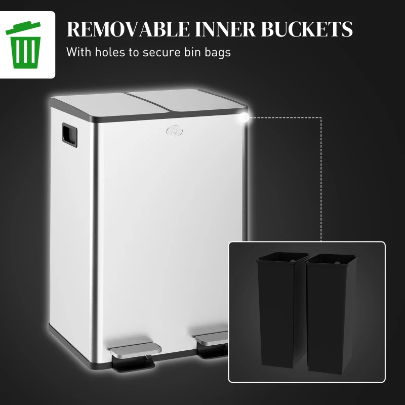 HOMCOM Dual Garbage Bin with Foot Pedal - 2 x 28 Litre Garbage Can with Removable Inner Buckets, Silver