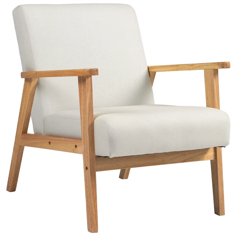 HOMCOM Mid-Century Modern Accent Chair Retro Fabric Armchair Wooden Arm Upholstered Lounge Chair for Living Room Cream White