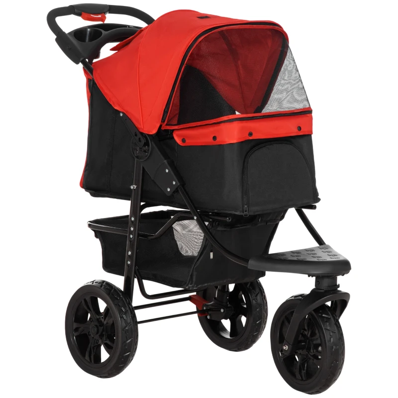 PawHut 3 Wheel Folding Dog Stroller, Travel Carrier with Adjustable Canopy, Storage Brake, Mesh Window for S&M Dogs, Red