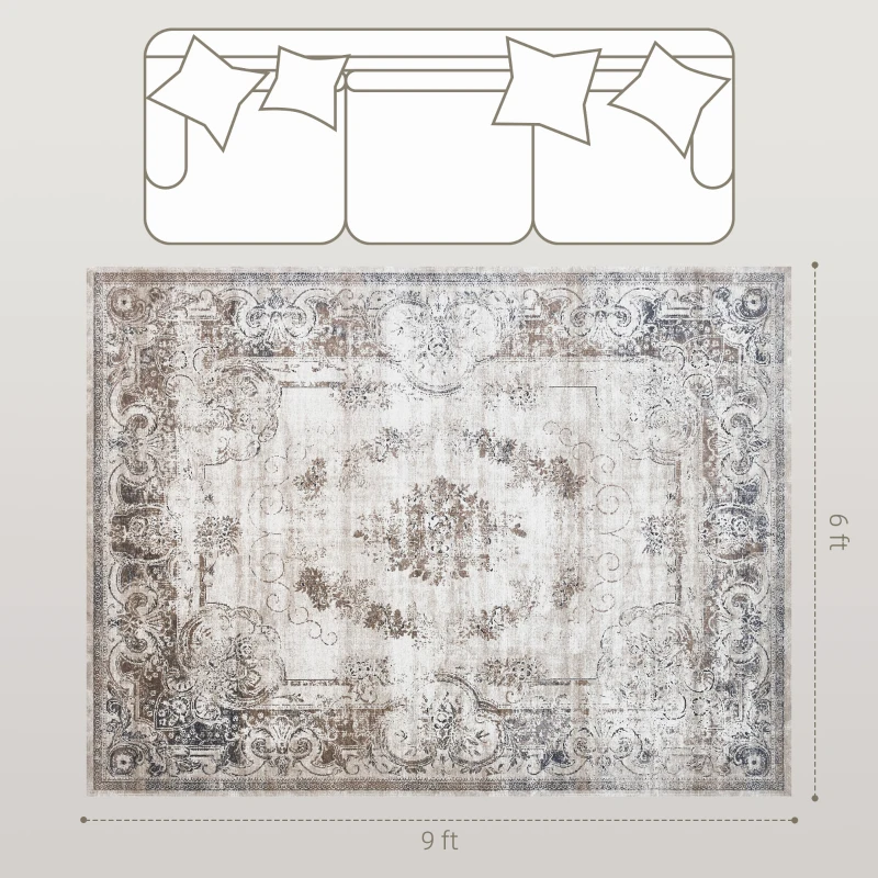 HOMCOM 6x9 Boho Area Rug, Machine Washable Carpet for Living Room, Bedroom, Dining Room, Kitchen, Home Office, Brown