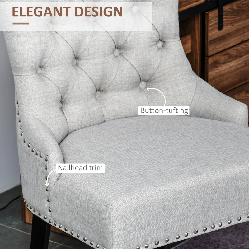 HOMCOM Swoop Air Linen Fabric Dining Chair with Nailhead Trim and Wood Legs, Light Grey