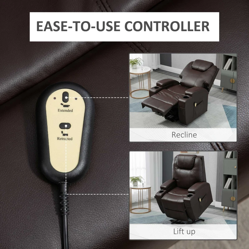 HOMCOM Power Lift Recliner Chair for Elderly, PU Leather Lift Chair with Footrest, Remote Control, Side Pockets and Cup Holders, Reclining Sofa for Living Room, Brown