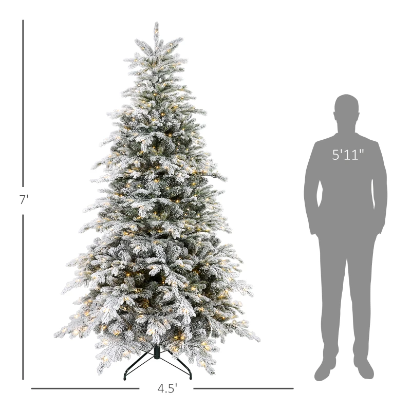 HOMCOM 7ft Artificial Prelit Christmas Tree with Warm White LED Light and Snow Flocked Branches, Metal Base