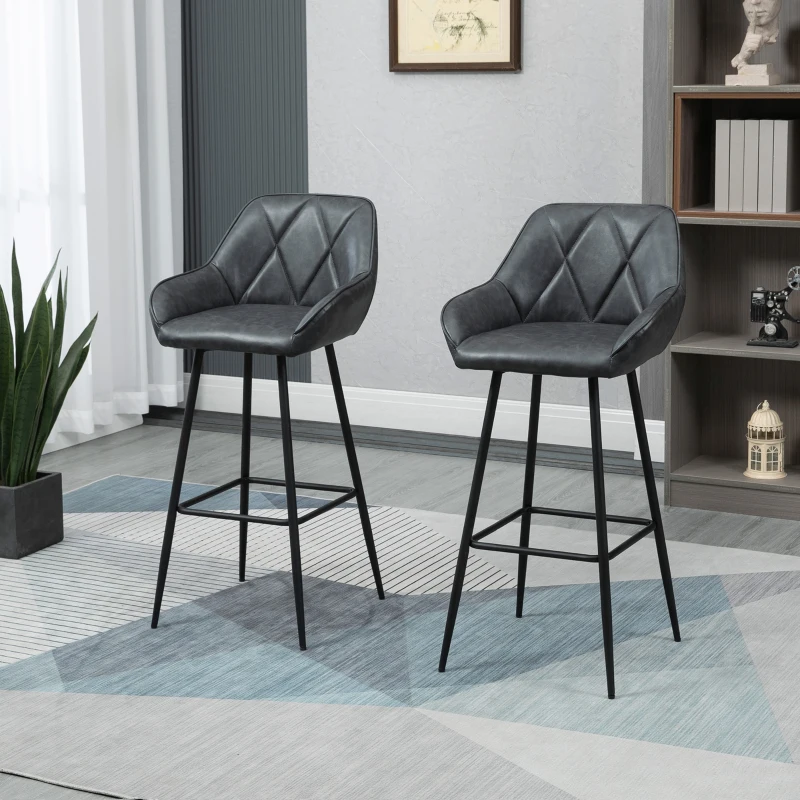 HOMCOM Retro Bar Stools Set of 2, Bar Chairs with Footrest, 30" (76 cm.) Kitchen Stools with Backs and Steel Legs, for Kitchen Island and Home Bar, Black