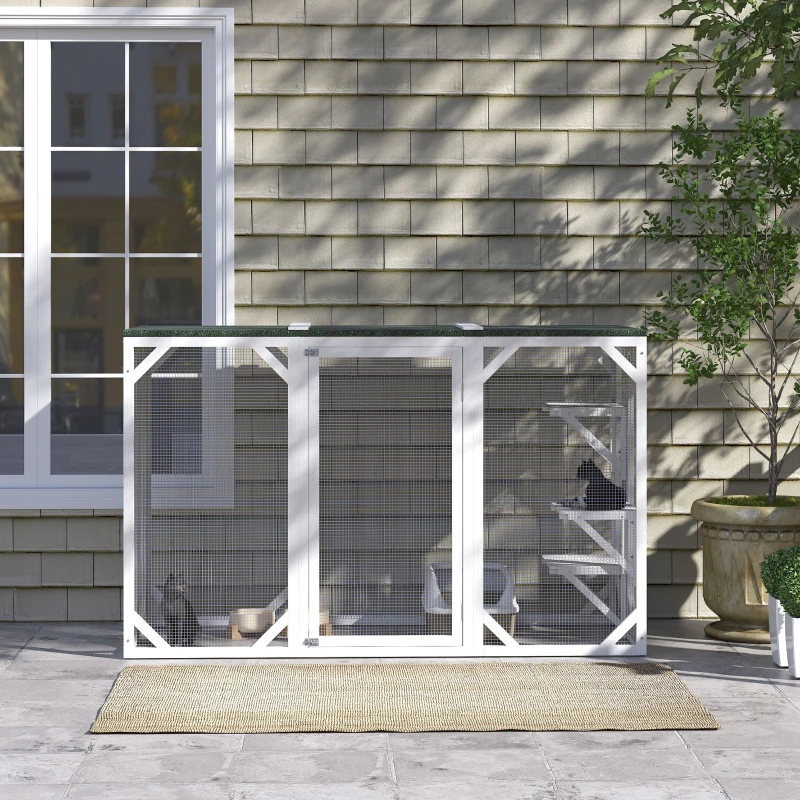 PawHut Catio Outdoor Cat Enclosure with Waterproof Roof, Multi-Level Platforms, Lock, White