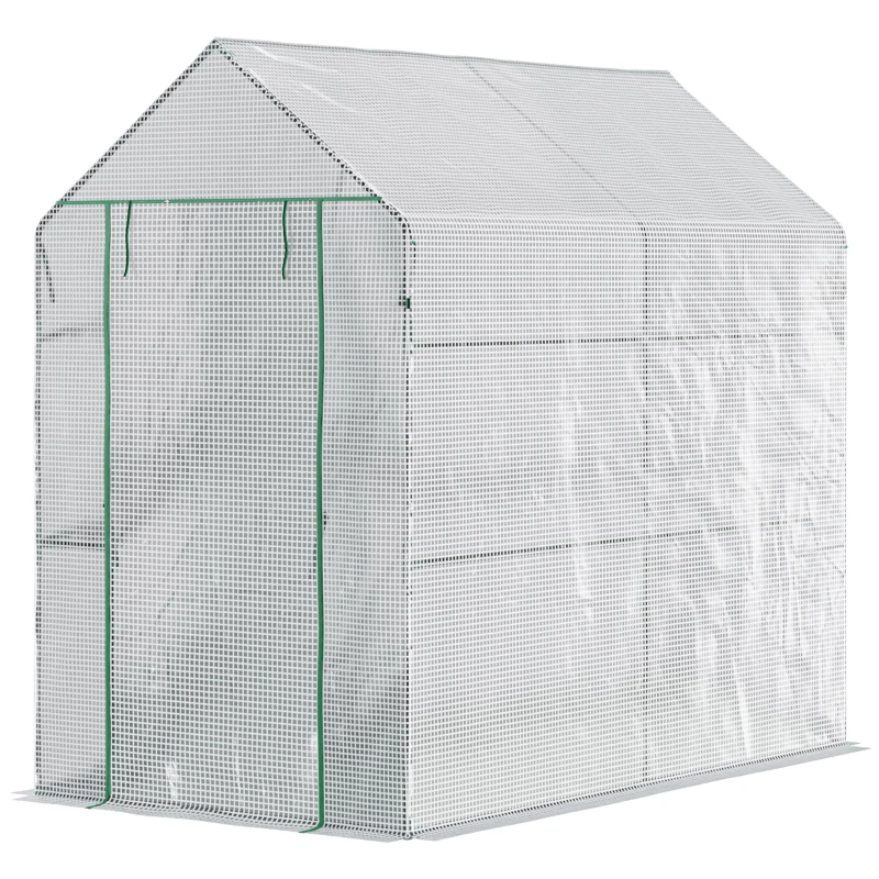 Outsunny 47.25" x 73.25" x 74.25" Walk-in Greenhouse, Outdoor Portable Green House with 4 Shelves, Plant Flower Growing Warm House with Roll-up Door, White
