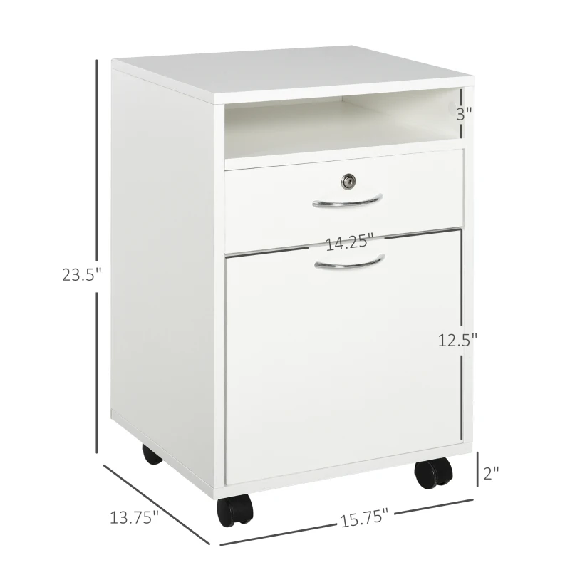 HOMCOM 24" Vertical Filing Cabinet with Lockable Drawer, Mobile File Cabinet with 2 Keys, Wheels for Home Office, White