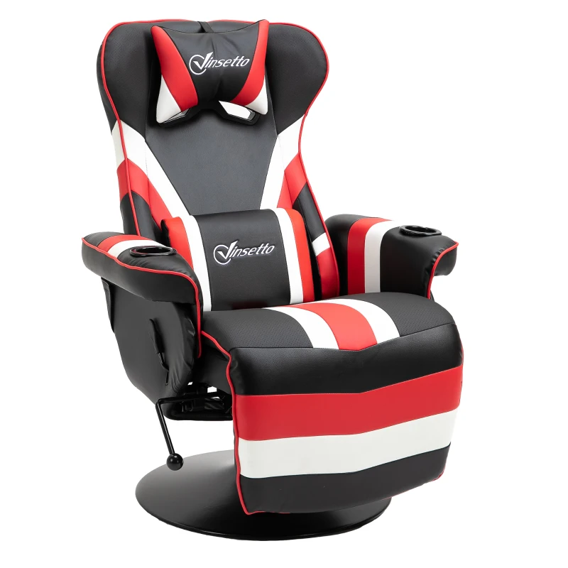 Vinsetto Racing Style Video Gaming Recliner Chair Padded Office Seat with Reclining Backrest and Footrest, Headrest, Lumbar Support, Round Metal Base, Cup Holder for Black and Red