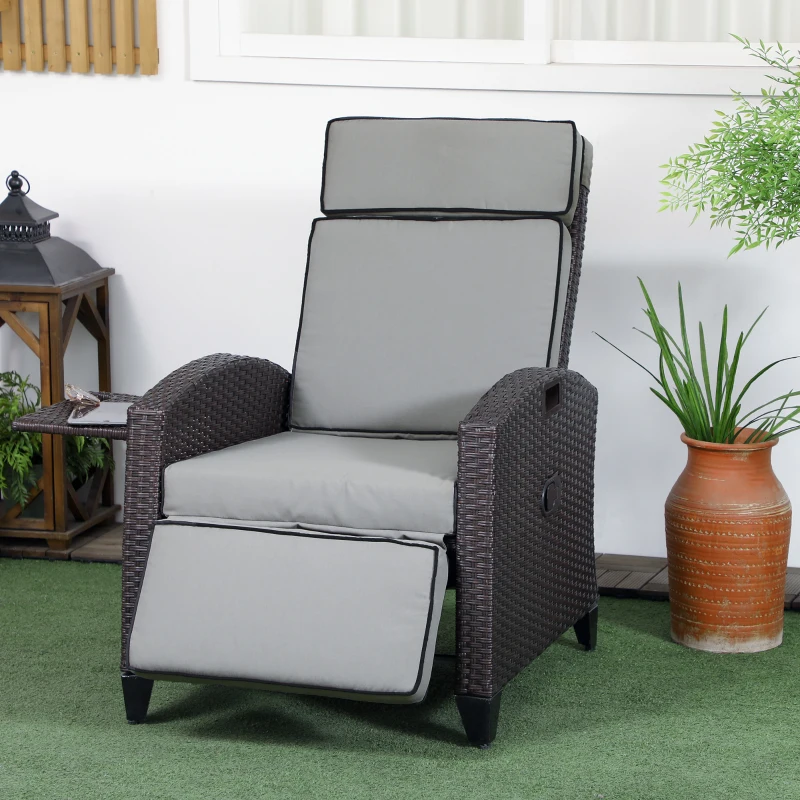 Outsunny Outdoor Recliner Chair with Adjustable Backrest, Cushion, Side Tray, Light Grey