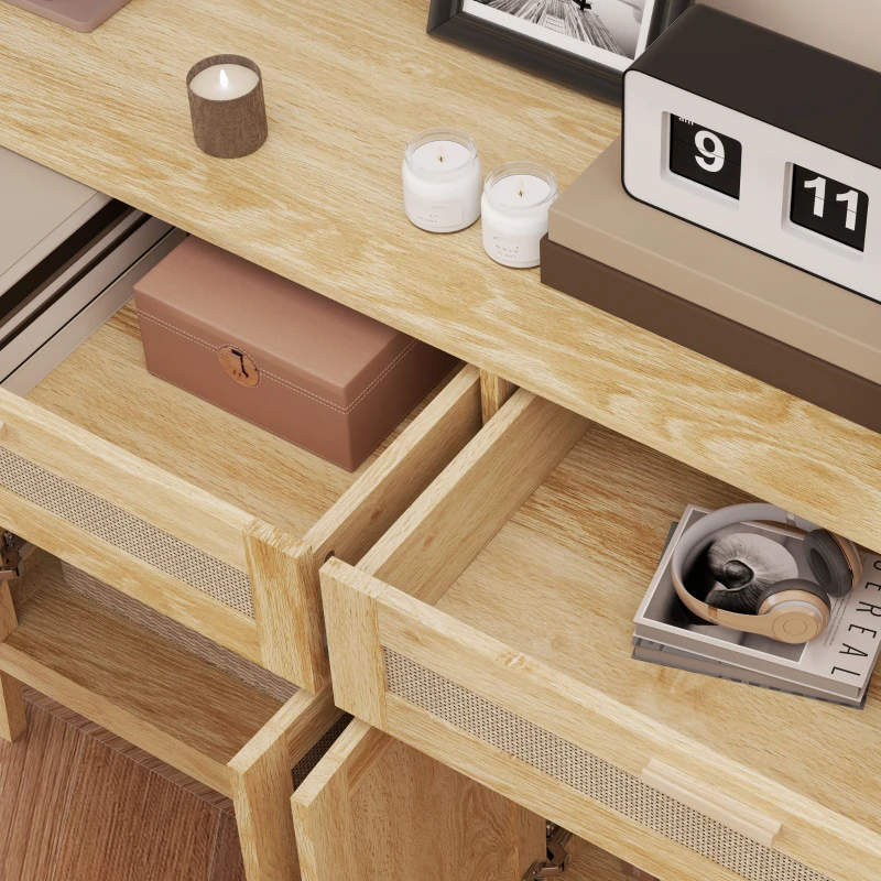 HOMCOM Kitchen Sideboard Cabinet, Boho Entryway Cabinet with Decorative Rattan Doors and Drawers for Dining Room, Oak