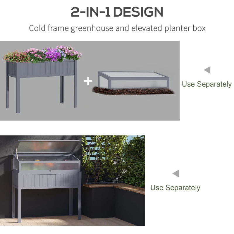 Outsunny Raised Wood Cold Frame Greenhouse, Elevated Planter & Plant Protection Box, 2-IN-1 for Flowers, Vegetables, Herbs, Grey