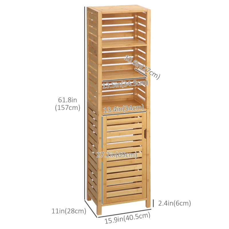 kleankin Tall Bathroom Storage Cabinet with 3 Open Shelves, Slim Bamboo Linen Tower Freestanding Linen Towel with Slatted Door, Natural