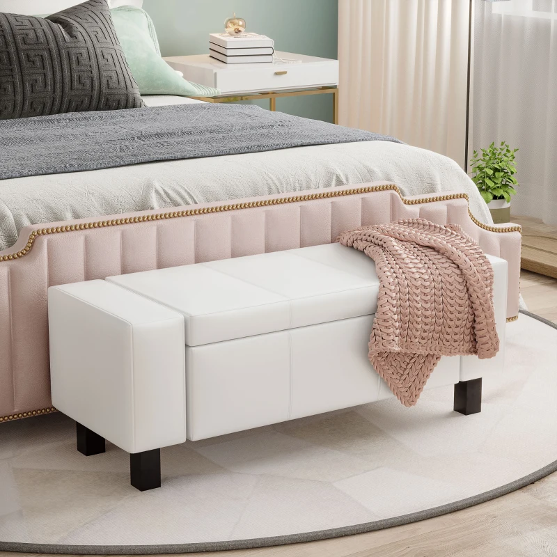 HOMCOM Large 42" Storage Ottoman, Tufted Faux Leather Storage Bench for Living Room, Entryway, or Bedroom, Cream White
