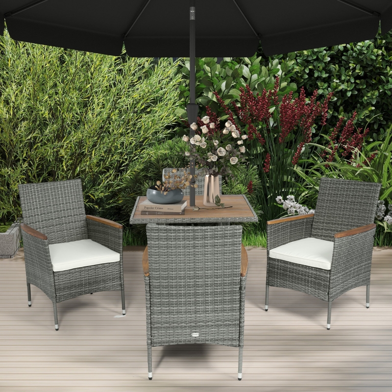 Outsunny 5 Piece Rattan Patio Dining Set with Umbrella Hole, Cushions, Outdoor Patio Table and Chairs for Garden Backyard, Teak